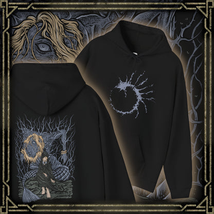 Thumbnail of a Hooded Sweatshirt featuring Godwyn the Golden entwined with deathroot as Fia stands beside him in solemn reverence. Once the beloved son of Queen Marika, Godwyn’s assassination shattered the Golden Order, while Fia’s devotion transforms his death into purpose. This design reflects the tragic origins of Deathblight, the Prince of Death, and the quiet resolve to create a new ending for the world.