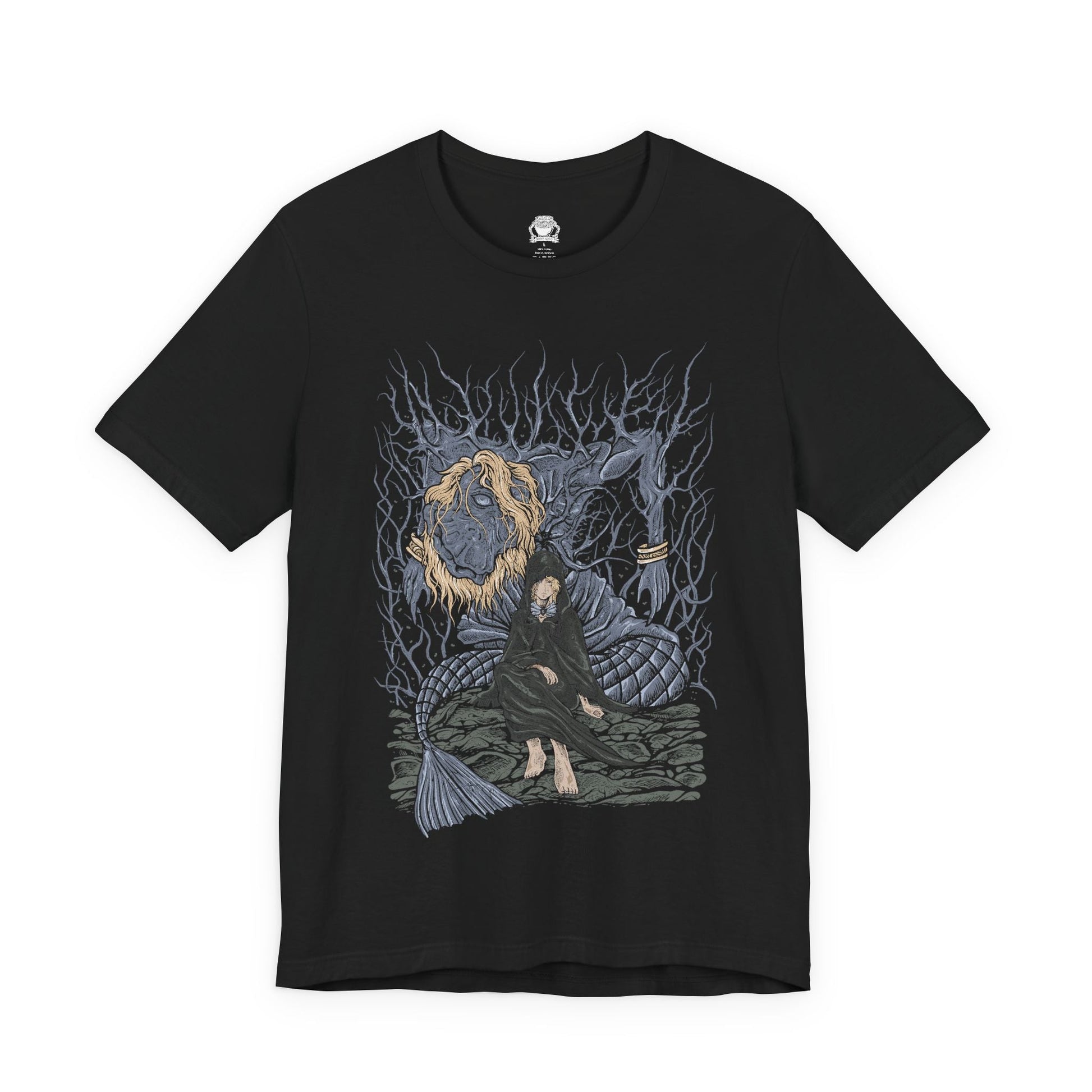Image 4 of a T-shirt design of Godwyn the Golden and Fia from Elden Ring, depicting the Prince of Death’s lifeless yet corrupted form embraced by Fia, the Deathbed Companion. Roots of Deathblight coil around Godwyn’s body beneath the Erdtree’s shadow, while Fia kneels in devotion, symbolizing love, mourning, and the forbidden union that gives rise to a new form of death in the Lands Between.