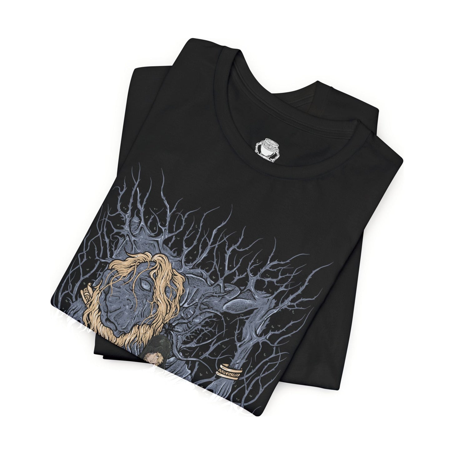 Folded T-shirt design of Godwyn the Golden and Fia from Elden Ring, depicting the Prince of Death’s lifeless yet corrupted form embraced by Fia, the Deathbed Companion. Roots of Deathblight coil around Godwyn’s body beneath the Erdtree’s shadow, while Fia kneels in devotion, symbolizing love, mourning, and the forbidden union that gives rise to a new form of death in the Lands Between.