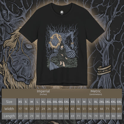 Size chart of a T-shirt design of Godwyn the Golden and Fia from Elden Ring, depicting the Prince of Death’s lifeless yet corrupted form embraced by Fia, the Deathbed Companion. Roots of Deathblight coil around Godwyn’s body beneath the Erdtree’s shadow, while Fia kneels in devotion, symbolizing love, mourning, and the forbidden union that gives rise to a new form of death in the Lands Between.