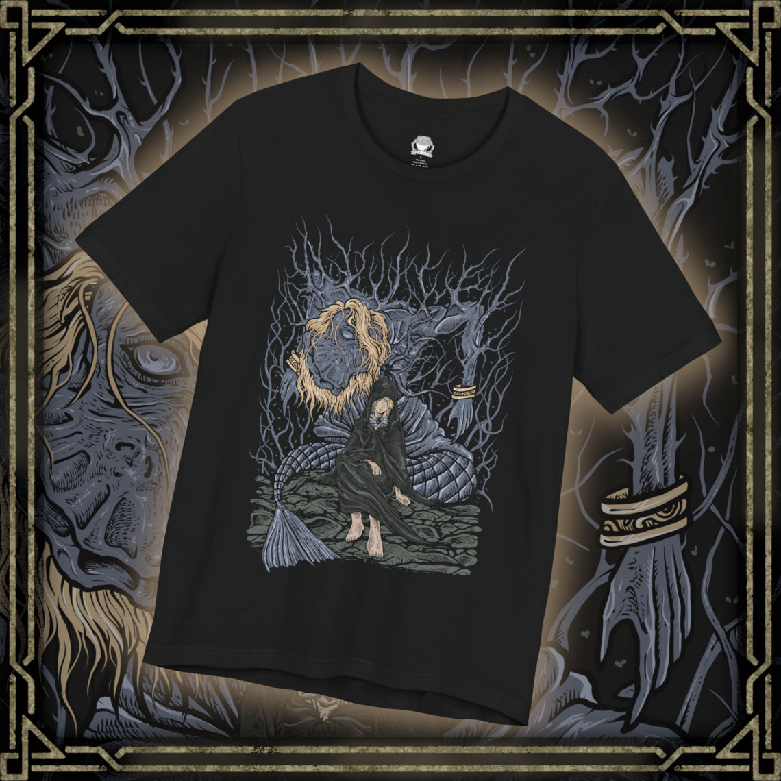 Thumbnail of a T-shirt design of Godwyn the Golden and Fia from Elden Ring, depicting the Prince of Death’s lifeless yet corrupted form embraced by Fia, the Deathbed Companion. Roots of Deathblight coil around Godwyn’s body beneath the Erdtree’s shadow, while Fia kneels in devotion, symbolizing love, mourning, and the forbidden union that gives rise to a new form of death in the Lands Between.