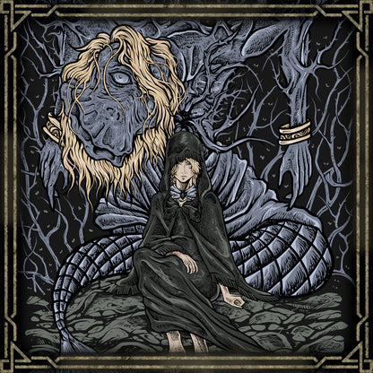 Wallpaper of Elden Ring Godwyn the Golden and Fia. Once a radiant hero, Godwyn became a symbol of decay when Destined Death shattered his soul. Fia, guided by compassion and rebellion against the Golden Order, tends to his corpse deep beneath the Erdtree. Their bond represents defiance against dogma — an attempt to give meaning, peace, and legitimacy to a world that fears death without grace.