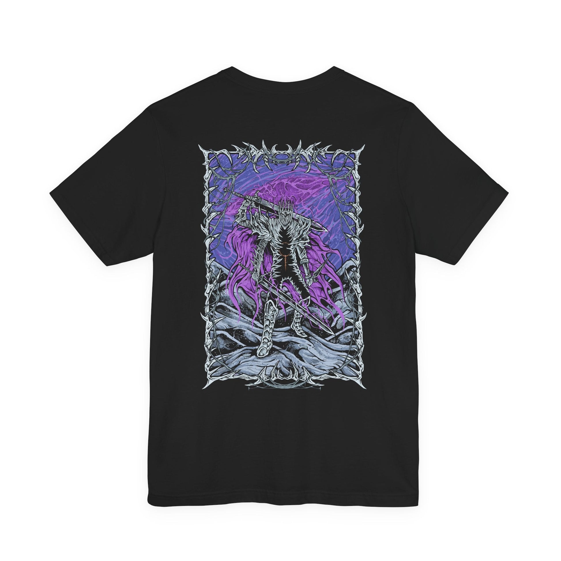 Image 4 of a T-shirt showcasing Heolstor the Nightlord, the undead warlord of Elden Ring Nightreign who cheated death to claim dominion over the shattered world. With the power to summon horrors from beyond, he stands as the dark ruler of Limveld, opposed only by the Nightfarers of the Roundtable Hold. This artwork reflects his tragic origin and apocalyptic presence.