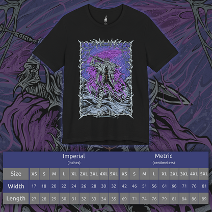 Size chart of a T-shirt showcasing Heolstor the Nightlord, the undead warlord of Elden Ring Nightreign who cheated death to claim dominion over the shattered world. With the power to summon horrors from beyond, he stands as the dark ruler of Limveld, opposed only by the Nightfarers of the Roundtable Hold. This artwork reflects his tragic origin and apocalyptic presence.