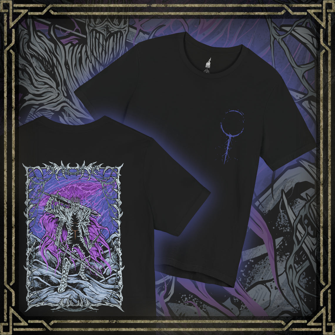 Thumbnail of a T-shirt showcasing Heolstor the Nightlord, the undead warlord of Elden Ring Nightreign who cheated death to claim dominion over the shattered world. With the power to summon horrors from beyond, he stands as the dark ruler of Limveld, opposed only by the Nightfarers of the Roundtable Hold. This artwork reflects his tragic origin and apocalyptic presence.