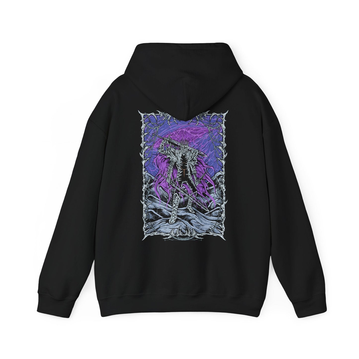 Image 5 of a Elden Ring Nightreign Hooded Sweatshirt featuring Heolstor the Nightlord, the cursed knight who rose alone from a grave of fallen warriors. Now master of the Night’s Tide, he summons abominations and champions from other worlds to spread darkness across the Lands Between. This design embodies the despair, power, and myth of one of the game’s most fearsome lords.