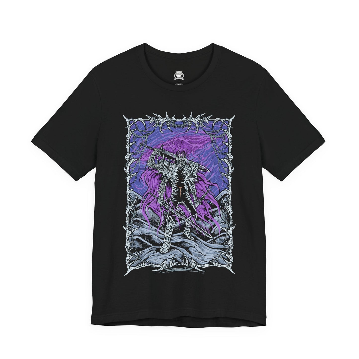 Image 4 of a T-shirt featuring Heolstor the Nightlord from Elden Ring Nightreign, a once-fallen knight who rose from a mountain of corpses to curse the world. Ruling the Lands Between after the Shattering, Heolstor commands monsters and champions from other realms, embodying the terror of the Night’s Tide. This design captures the grim majesty of his eternal rule.