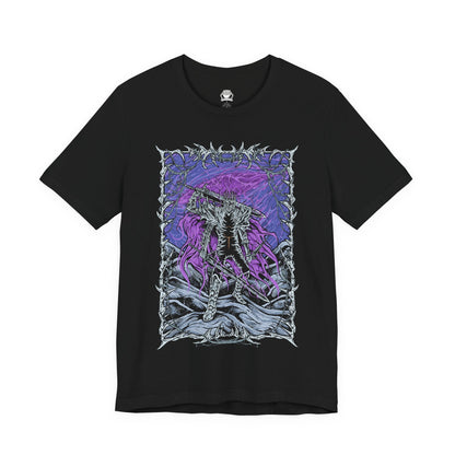 Image 4 of a T-shirt featuring Heolstor the Nightlord from Elden Ring Nightreign, a once-fallen knight who rose from a mountain of corpses to curse the world. Ruling the Lands Between after the Shattering, Heolstor commands monsters and champions from other realms, embodying the terror of the Night’s Tide. This design captures the grim majesty of his eternal rule.