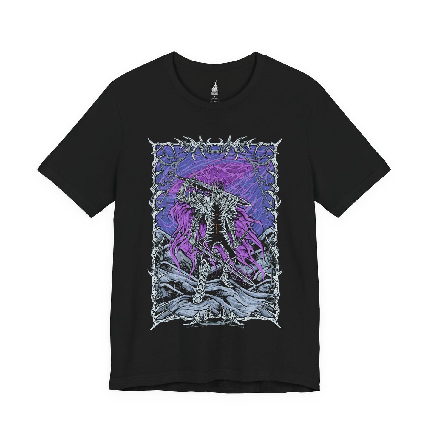 Image 3 of a Black T-shirt featuring Heolstor the Nightlord from Elden Ring Nightreign, a once-fallen knight who rose from a mountain of corpses to curse the world. Ruling the Lands Between after the Shattering, Heolstor commands monsters and champions from other realms, embodying the terror of the Night’s Tide. This design captures the grim majesty of his eternal rule.