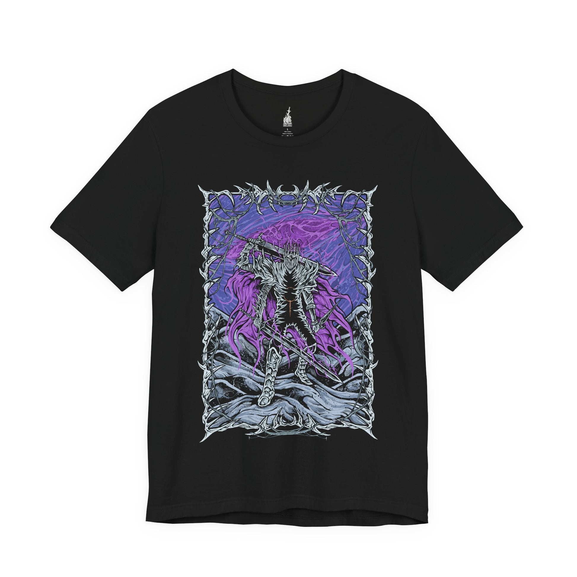 Image 3 of a Black T-shirt featuring Heolstor the Nightlord from Elden Ring Nightreign, a once-fallen knight who rose from a mountain of corpses to curse the world. Ruling the Lands Between after the Shattering, Heolstor commands monsters and champions from other realms, embodying the terror of the Night’s Tide. This design captures the grim majesty of his eternal rule.