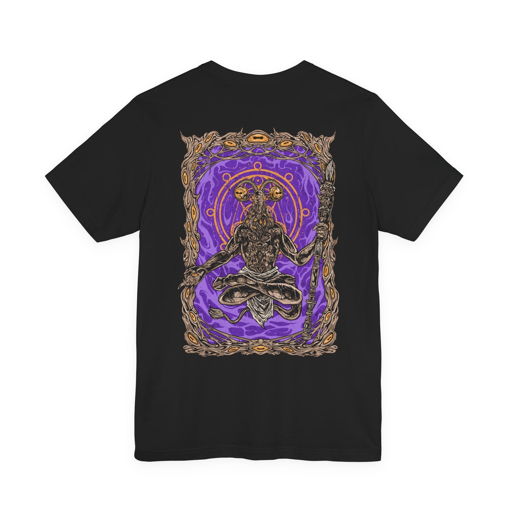 Image 4 of a Elden Ring Nightreign inspired T-shirt showcasing Libra, a deceptive demon who uses alchemy to trade power for sanity. His goat-headed visage and merchant disguise are rendered in dark, intricate detail, along with scales that symbolize his obsession with fairness. The artwork reflects his role as a dealer of madness through false gold and cursed boons.