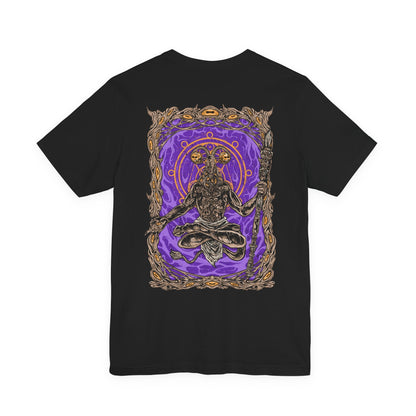 Image 4 of a Elden Ring Nightreign inspired T-shirt showcasing Libra, a deceptive demon who uses alchemy to trade power for sanity. His goat-headed visage and merchant disguise are rendered in dark, intricate detail, along with scales that symbolize his obsession with fairness. The artwork reflects his role as a dealer of madness through false gold and cursed boons.