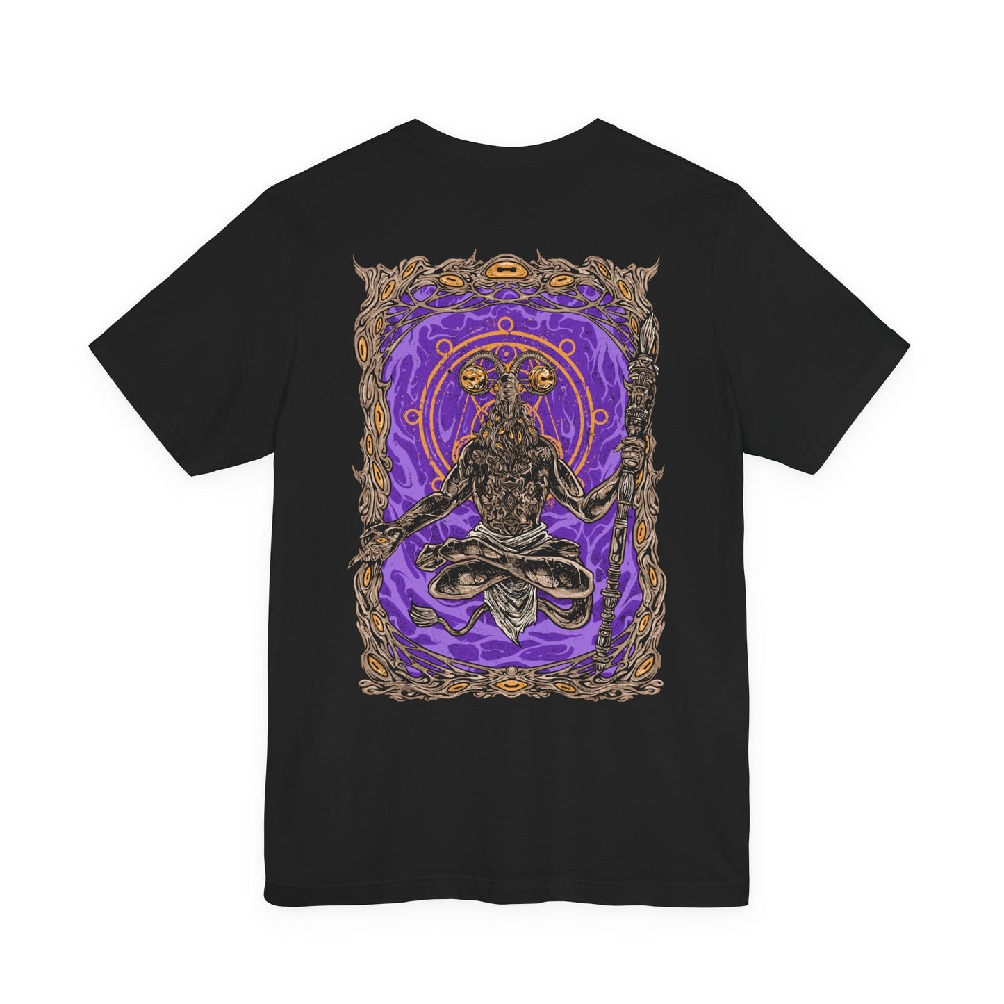 Image 5 of a Elden Ring Nightreign inspired T-shirt showcasing Libra, a deceptive demon who uses alchemy to trade power for sanity. His goat-headed visage and merchant disguise are rendered in dark, intricate detail, along with scales that symbolize his obsession with fairness. The artwork reflects his role as a dealer of madness through false gold and cursed boons.
