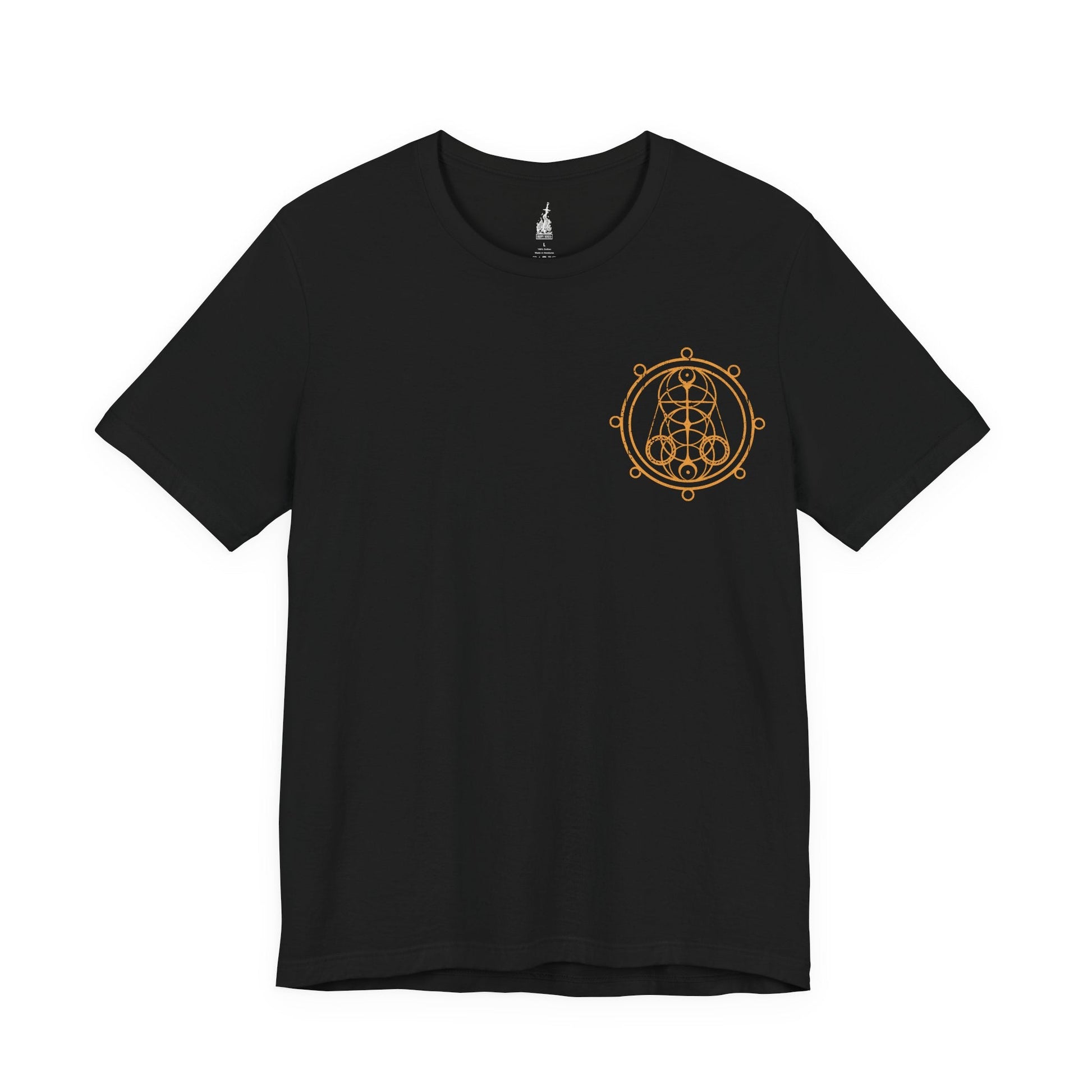 Image 3 of a Black Elden Ring Nightreign inspired T-shirt showcasing Libra, a deceptive demon who uses alchemy to trade power for sanity. His goat-headed visage and merchant disguise are rendered in dark, intricate detail, along with scales that symbolize his obsession with fairness. The artwork reflects his role as a dealer of madness through false gold and cursed boons.