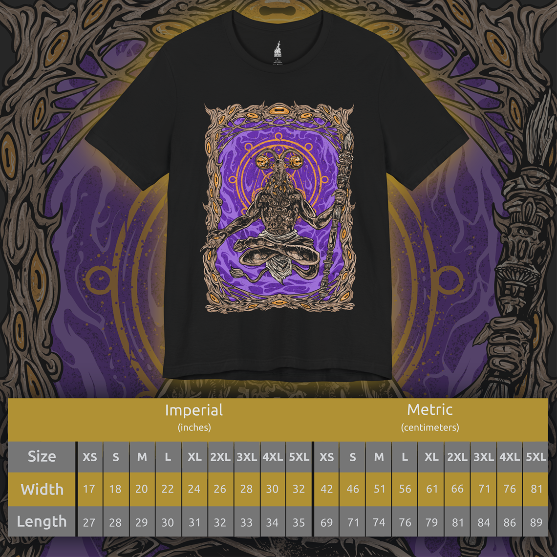 Size chart of a Elden Ring Nightreign inspired T-shirt showcasing Libra, a deceptive demon who uses alchemy to trade power for sanity. His goat-headed visage and merchant disguise are rendered in dark, intricate detail, along with scales that symbolize his obsession with fairness. The artwork reflects his role as a dealer of madness through false gold and cursed boons.