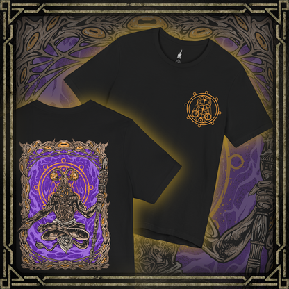Thumbnail of a Elden Ring Nightreign inspired T-shirt showcasing Libra, a deceptive demon who uses alchemy to trade power for sanity. His goat-headed visage and merchant disguise are rendered in dark, intricate detail, along with scales that symbolize his obsession with fairness. The artwork reflects his role as a dealer of madness through false gold and cursed boons.