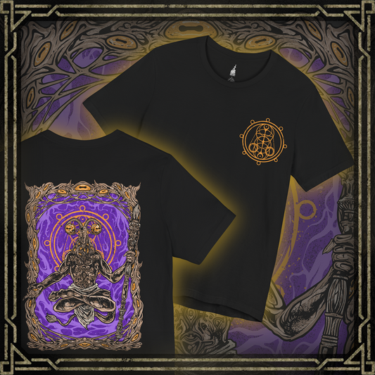 Thumbnail of a Elden Ring Nightreign inspired T-shirt showcasing Libra, a deceptive demon who uses alchemy to trade power for sanity. His goat-headed visage and merchant disguise are rendered in dark, intricate detail, along with scales that symbolize his obsession with fairness. The artwork reflects his role as a dealer of madness through false gold and cursed boons.