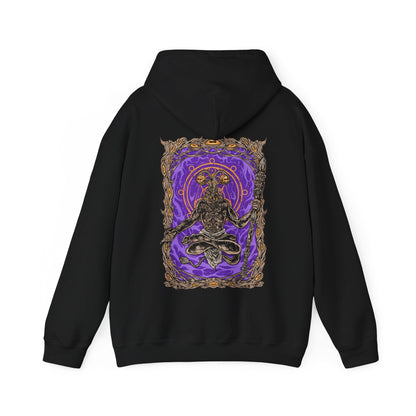 Image 4 of a This Elden Ring Nightreign-inspired Hoodie features Libra, a cunning, goat-headed demon cloaked in the illusion of a wandering merchant. Rendered in haunting detail, the design captures his cursed scales and the alchemical deceit behind his offers—power bought with sanity. A symbol of twisted fairness, Libra peddles false gold and unholy bargains that lure Nightfarers into madness.