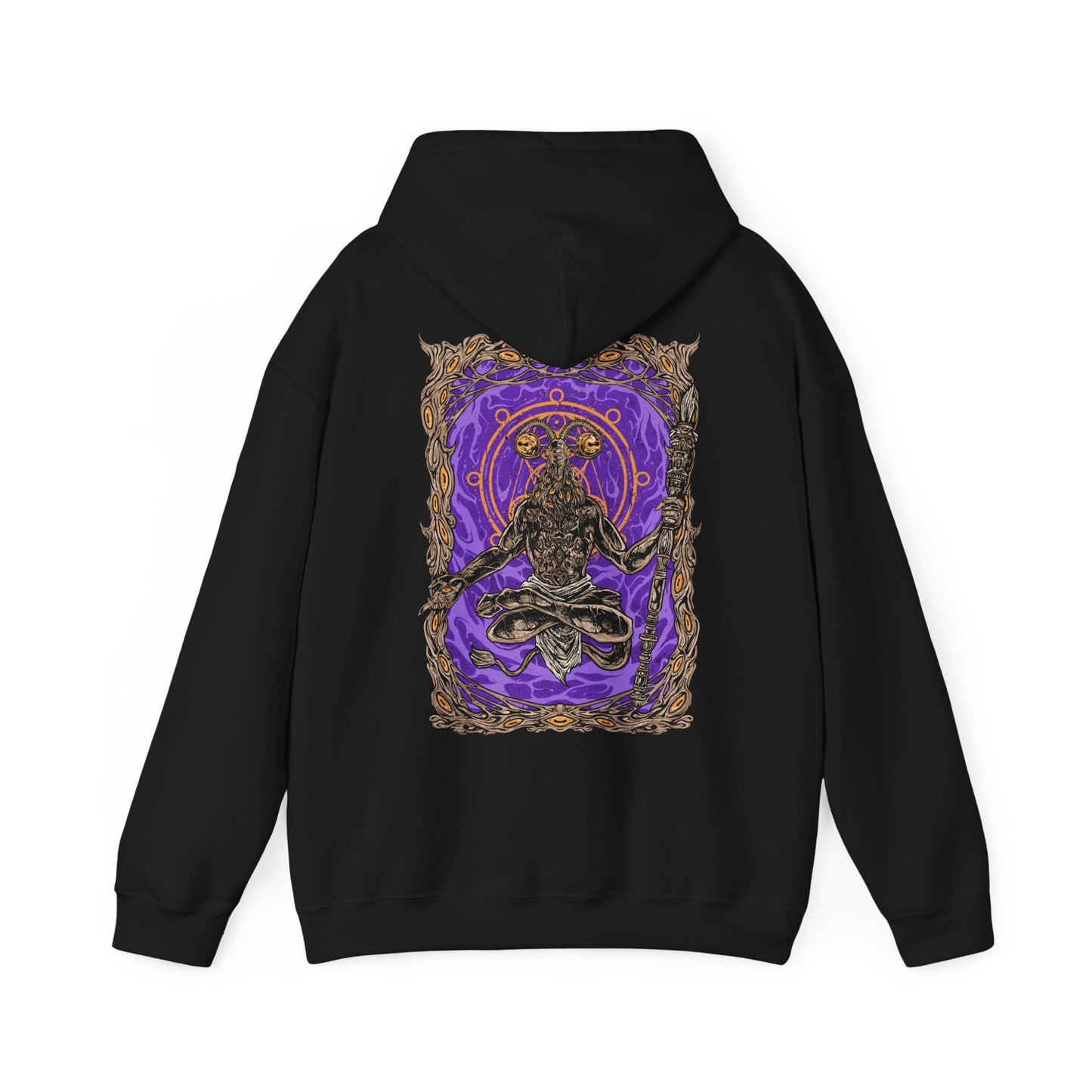 Image 5 of a This Elden Ring Nightreign-inspired Hoodie features Libra, a cunning, goat-headed demon cloaked in the illusion of a wandering merchant. Rendered in haunting detail, the design captures his cursed scales and the alchemical deceit behind his offers—power bought with sanity. A symbol of twisted fairness, Libra peddles false gold and unholy bargains that lure Nightfarers into madness.