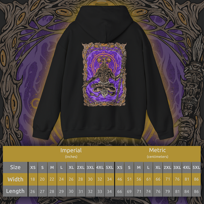 Size chart of a This Elden Ring Nightreign-inspired Hoodie features Libra, a cunning, goat-headed demon cloaked in the illusion of a wandering merchant. Rendered in haunting detail, the design captures his cursed scales and the alchemical deceit behind his offers—power bought with sanity. A symbol of twisted fairness, Libra peddles false gold and unholy bargains that lure Nightfarers into madness.