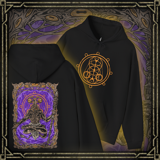 Thumbnail of a This Elden Ring Nightreign-inspired Hoodie features Libra, a cunning, goat-headed demon cloaked in the illusion of a wandering merchant. Rendered in haunting detail, the design captures his cursed scales and the alchemical deceit behind his offers—power bought with sanity. A symbol of twisted fairness, Libra peddles false gold and unholy bargains that lure Nightfarers into madness.