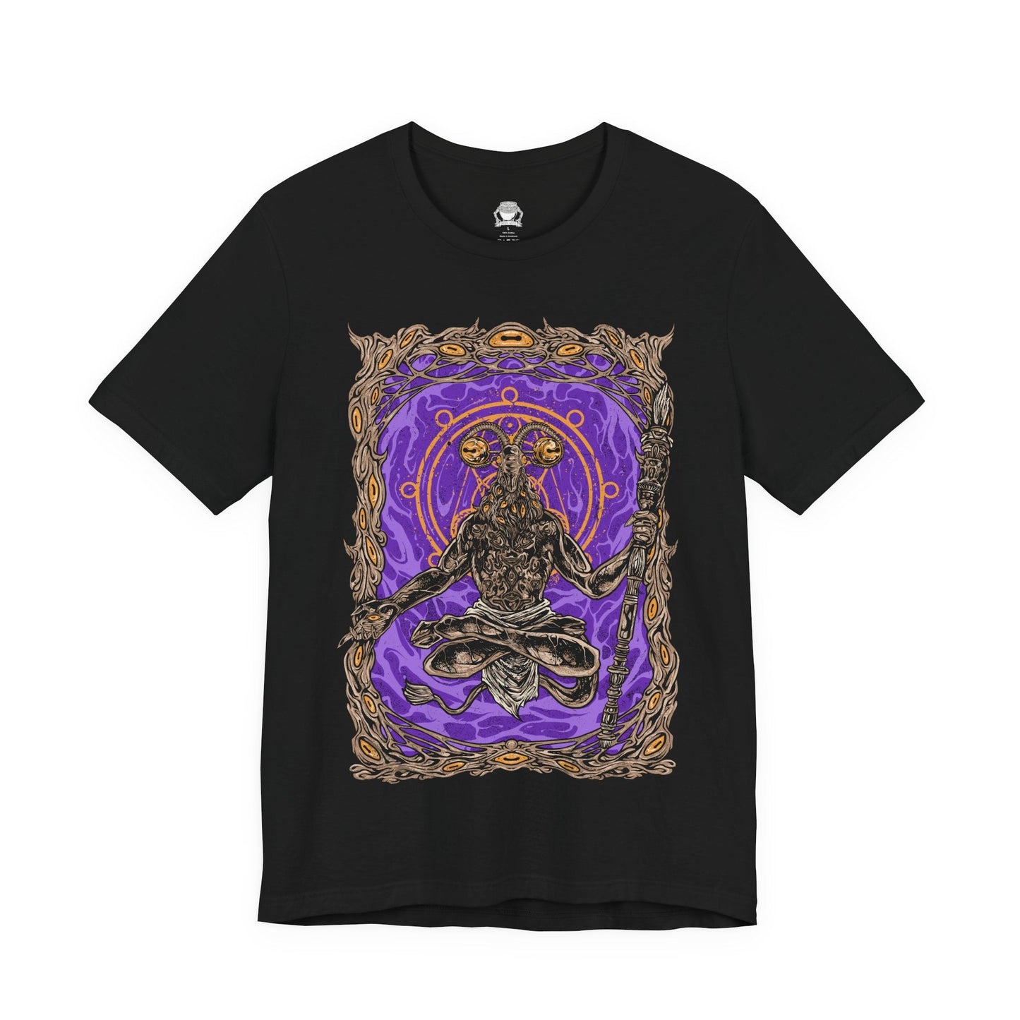 Image 4 of a Elden Ring Nightreign-inspired t-shirt design depicting Libra, the goat-headed demon who masquerades as a Scale-Bearing Merchant. The artwork highlights his cursed scales and twisted alchemy, offering Tarnished players deceptive bargains that grant power at the cost of sanity. His form echoes madness and balance, with counterfeit gold as the root of corruption.
