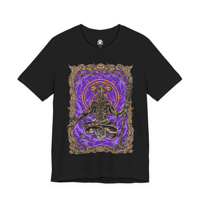 Image 4 of a Elden Ring Nightreign-inspired t-shirt design depicting Libra, the goat-headed demon who masquerades as a Scale-Bearing Merchant. The artwork highlights his cursed scales and twisted alchemy, offering Tarnished players deceptive bargains that grant power at the cost of sanity. His form echoes madness and balance, with counterfeit gold as the root of corruption.