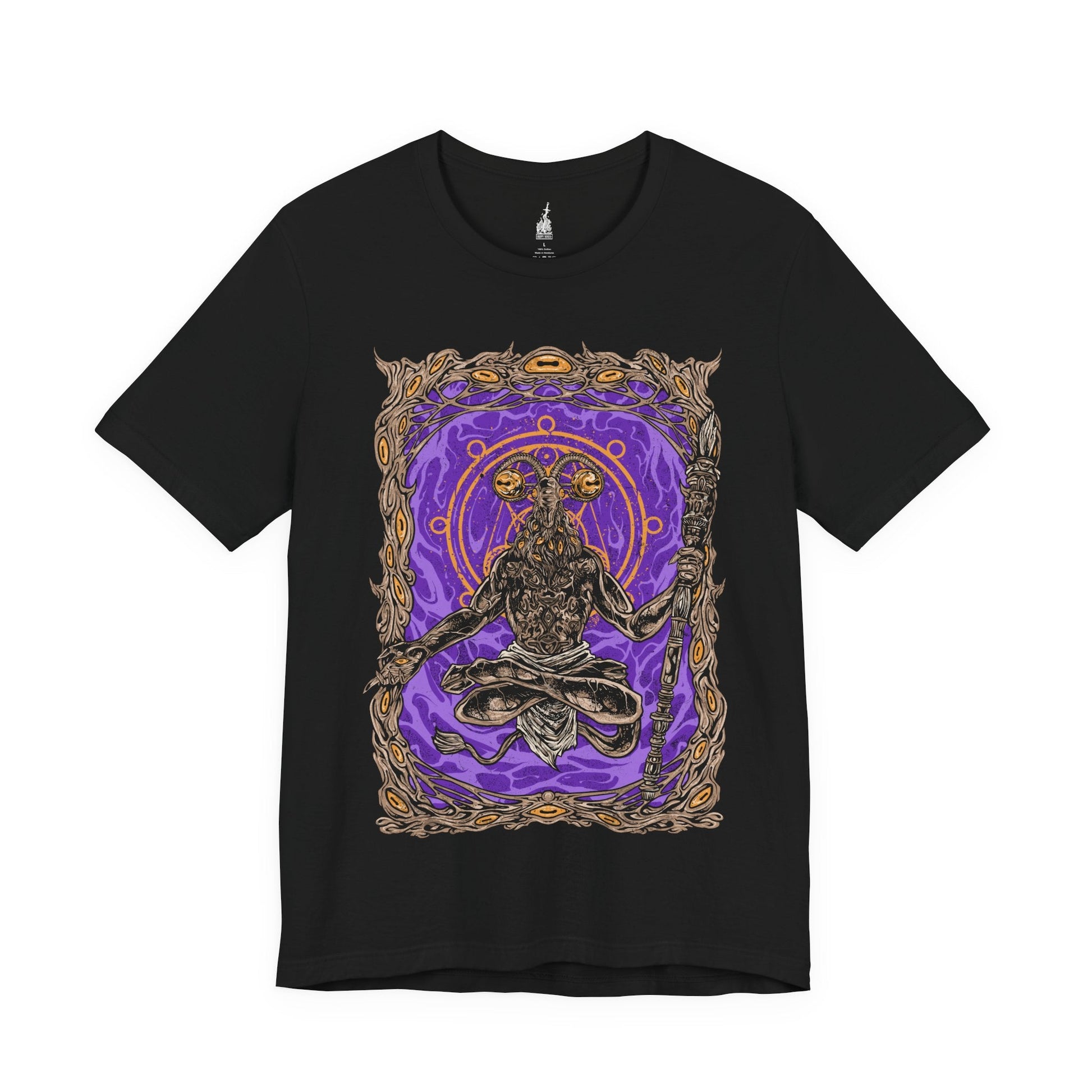 Image 3 of a Black Elden Ring Nightreign-inspired t-shirt design depicting Libra, the goat-headed demon who masquerades as a Scale-Bearing Merchant. The artwork highlights his cursed scales and twisted alchemy, offering Tarnished players deceptive bargains that grant power at the cost of sanity. His form echoes madness and balance, with counterfeit gold as the root of corruption.