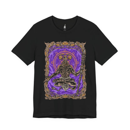 Image 3 of a Black Elden Ring Nightreign-inspired t-shirt design depicting Libra, the goat-headed demon who masquerades as a Scale-Bearing Merchant. The artwork highlights his cursed scales and twisted alchemy, offering Tarnished players deceptive bargains that grant power at the cost of sanity. His form echoes madness and balance, with counterfeit gold as the root of corruption.
