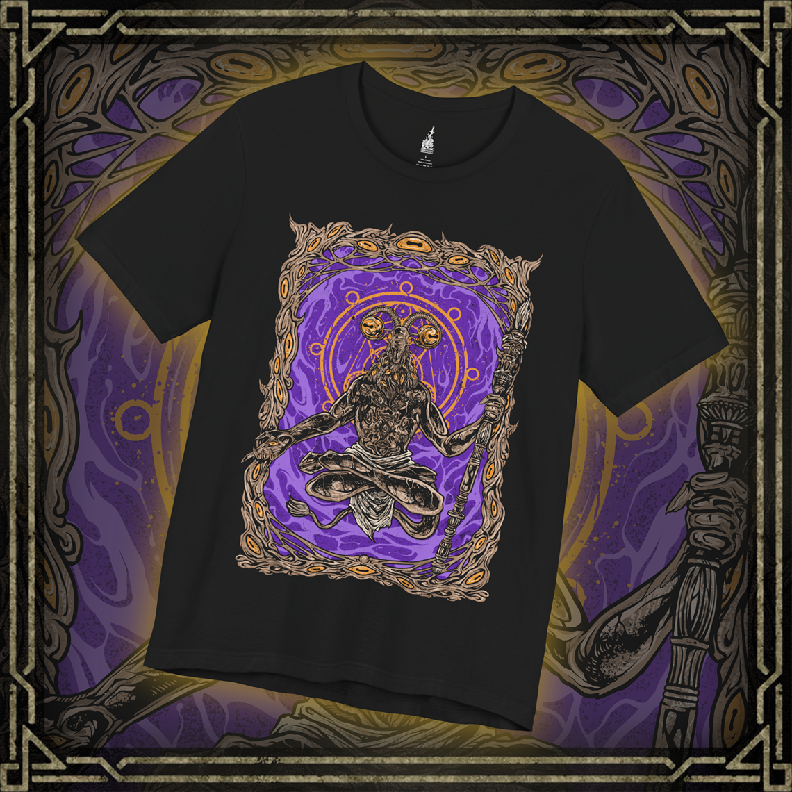 Thumbnail of a Elden Ring Nightreign-inspired t-shirt design depicting Libra, the goat-headed demon who masquerades as a Scale-Bearing Merchant. The artwork highlights his cursed scales and twisted alchemy, offering Tarnished players deceptive bargains that grant power at the cost of sanity. His form echoes madness and balance, with counterfeit gold as the root of corruption.