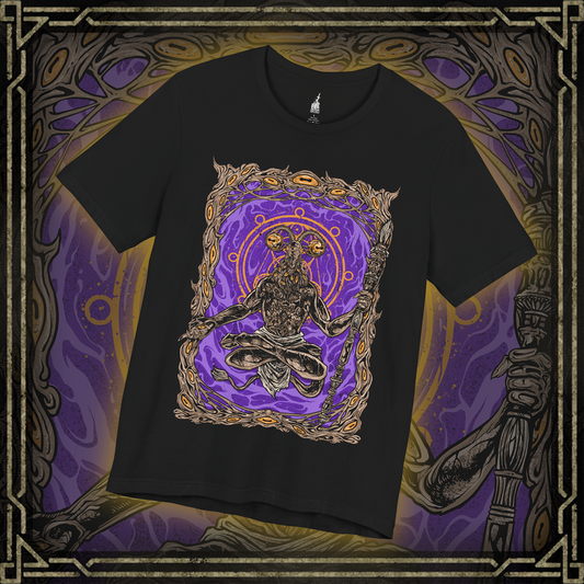 Thumbnail of a Elden Ring Nightreign-inspired t-shirt design depicting Libra, the goat-headed demon who masquerades as a Scale-Bearing Merchant. The artwork highlights his cursed scales and twisted alchemy, offering Tarnished players deceptive bargains that grant power at the cost of sanity. His form echoes madness and balance, with counterfeit gold as the root of corruption.