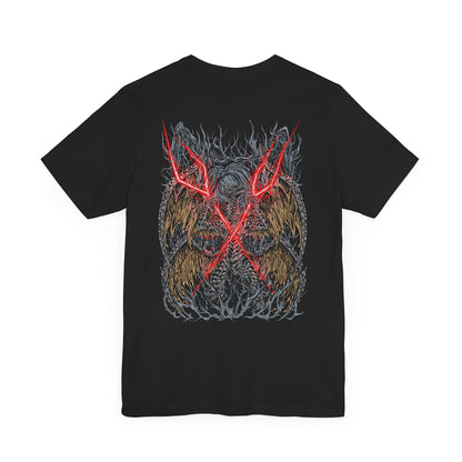 Image 4 of a T-shirt featuring Lichdragon Fortissax from Elden Ring, the legendary dragon bound by death and lightning. Once a fierce protector of Godwyn the Golden, Fortissax now rots in undeath, cloaked in red lightning and sorrow. This design captures the mythical scale and decayed majesty of the dragon locked in eternal mourning.