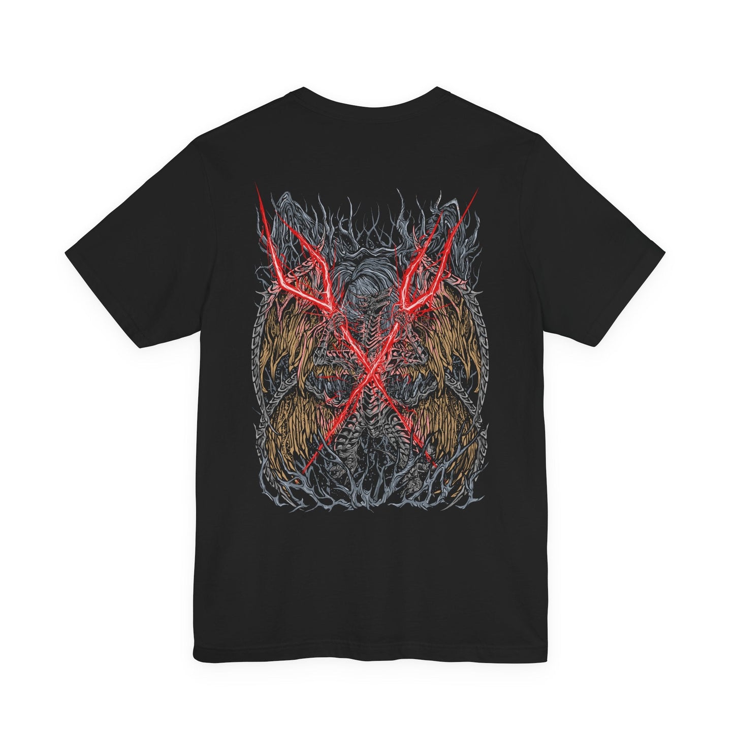 Image 5 of a T-shirt featuring Lichdragon Fortissax from Elden Ring, the legendary dragon bound by death and lightning. Once a fierce protector of Godwyn the Golden, Fortissax now rots in undeath, cloaked in red lightning and sorrow. This design captures the mythical scale and decayed majesty of the dragon locked in eternal mourning.