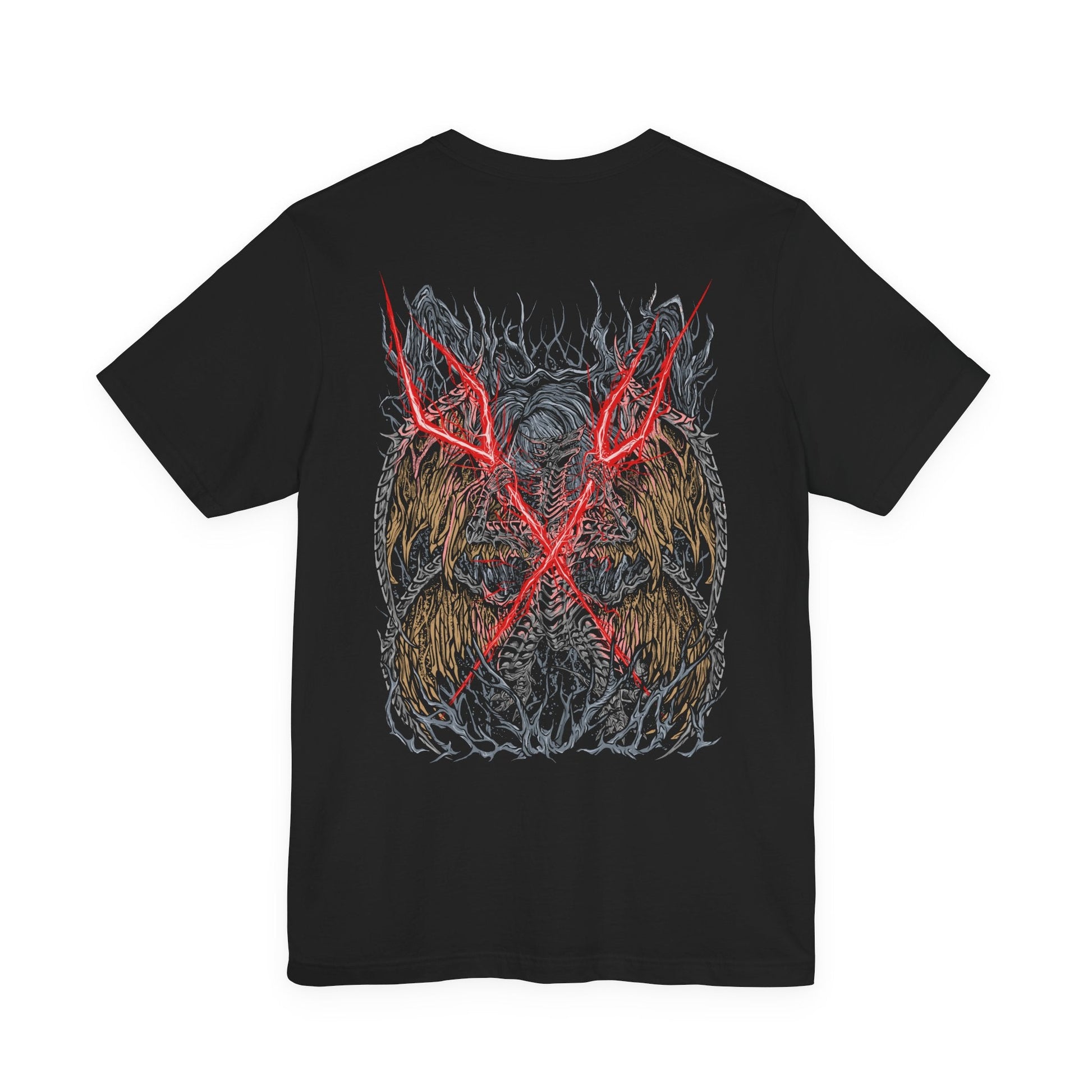 Image 5 of a T-shirt featuring Lichdragon Fortissax from Elden Ring, the legendary dragon bound by death and lightning. Once a fierce protector of Godwyn the Golden, Fortissax now rots in undeath, cloaked in red lightning and sorrow. This design captures the mythical scale and decayed majesty of the dragon locked in eternal mourning.