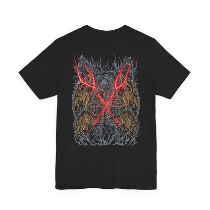Image 5 of a T-shirt featuring Lichdragon Fortissax from Elden Ring, the legendary dragon bound by death and lightning. Once a fierce protector of Godwyn the Golden, Fortissax now rots in undeath, cloaked in red lightning and sorrow. This design captures the mythical scale and decayed majesty of the dragon locked in eternal mourning.