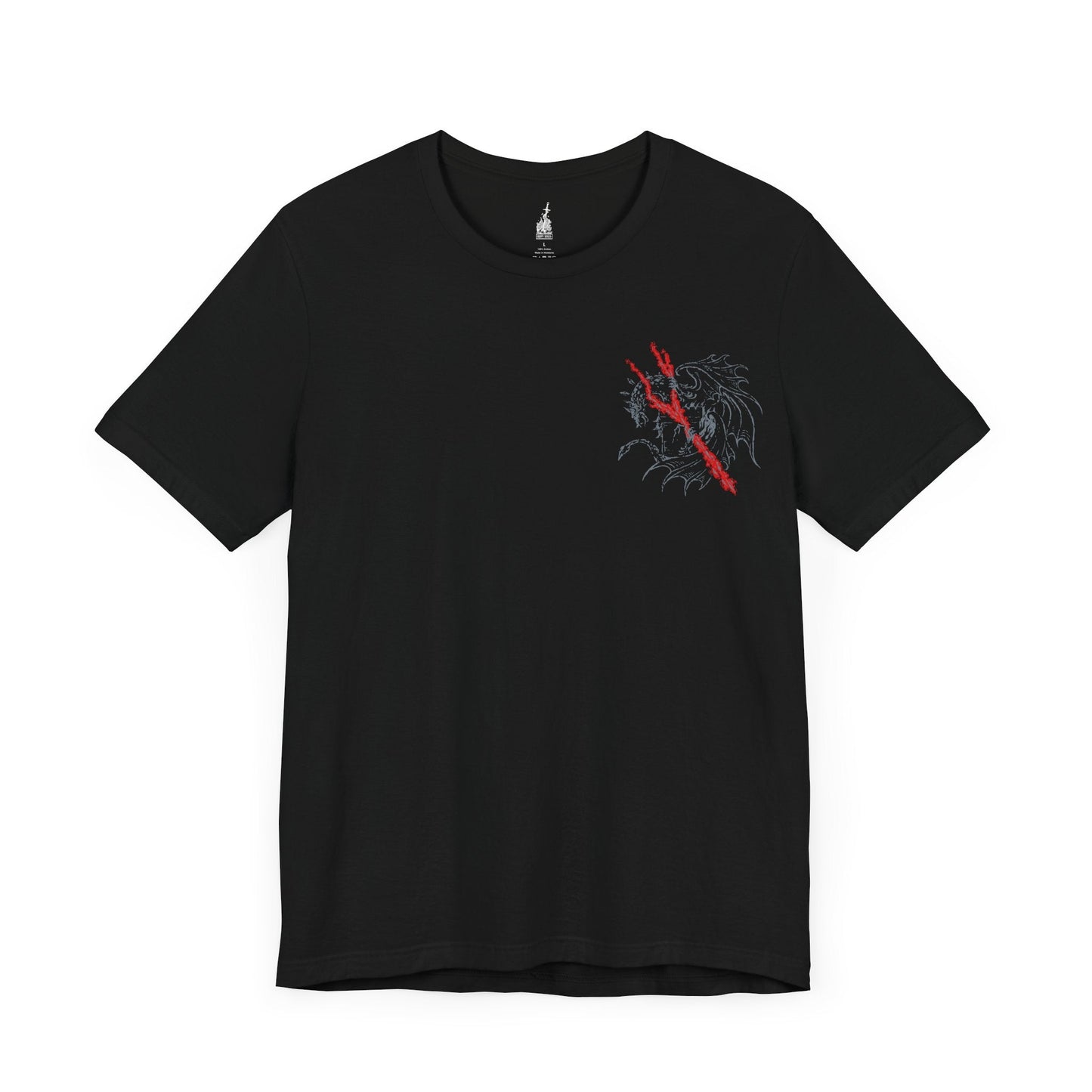 Image 3 of a Black T-shirt featuring Lichdragon Fortissax from Elden Ring, the legendary dragon bound by death and lightning. Once a fierce protector of Godwyn the Golden, Fortissax now rots in undeath, cloaked in red lightning and sorrow. This design captures the mythical scale and decayed majesty of the dragon locked in eternal mourning.