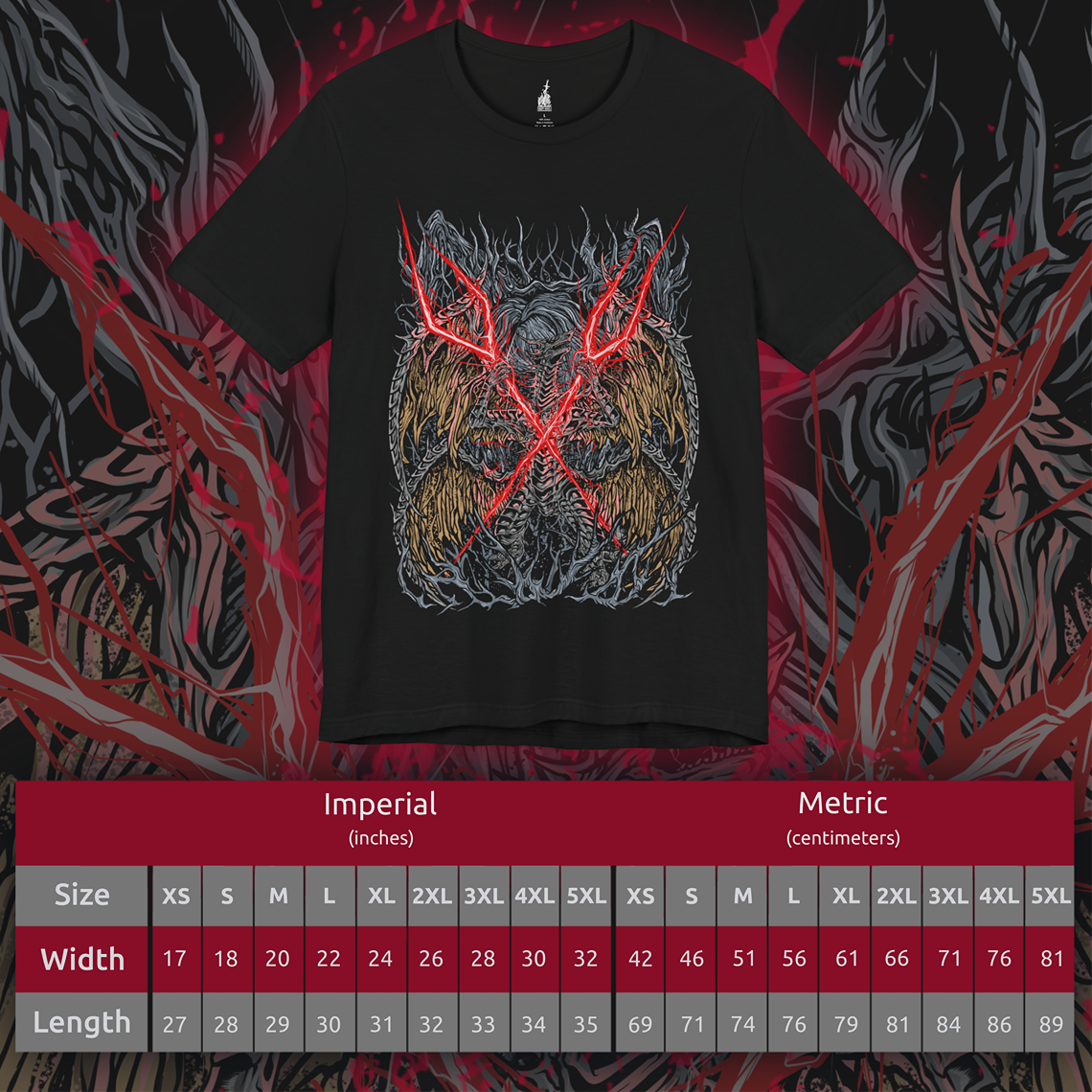 Size chart of a T-shirt featuring Lichdragon Fortissax from Elden Ring, the legendary dragon bound by death and lightning. Once a fierce protector of Godwyn the Golden, Fortissax now rots in undeath, cloaked in red lightning and sorrow. This design captures the mythical scale and decayed majesty of the dragon locked in eternal mourning.