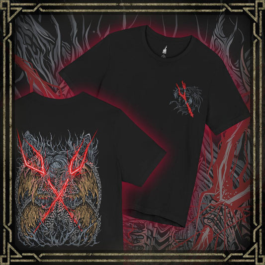 Thumbnail of a T-shirt featuring Lichdragon Fortissax from Elden Ring, the legendary dragon bound by death and lightning. Once a fierce protector of Godwyn the Golden, Fortissax now rots in undeath, cloaked in red lightning and sorrow. This design captures the mythical scale and decayed majesty of the dragon locked in eternal mourning.