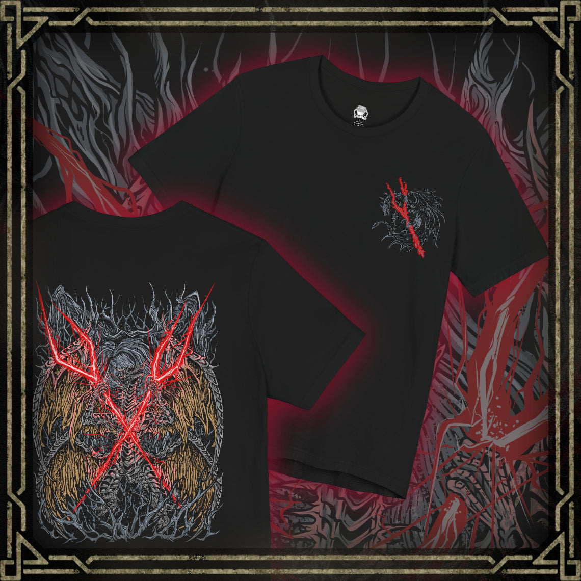 Thumbnail of a T-shirt featuring Lichdragon Fortissax from Elden Ring, the legendary dragon bound by death and lightning. Once a fierce protector of Godwyn the Golden, Fortissax now rots in undeath, cloaked in red lightning and sorrow. This design captures the mythical scale and decayed majesty of the dragon locked in eternal mourning.