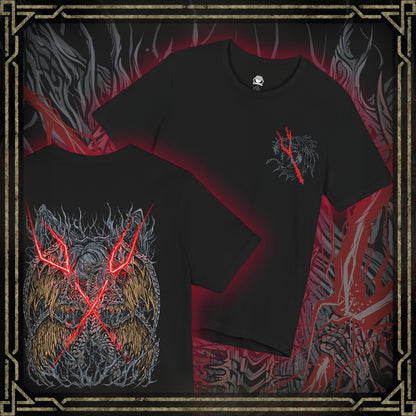 Thumbnail of a T-shirt featuring Lichdragon Fortissax from Elden Ring, the legendary dragon bound by death and lightning. Once a fierce protector of Godwyn the Golden, Fortissax now rots in undeath, cloaked in red lightning and sorrow. This design captures the mythical scale and decayed majesty of the dragon locked in eternal mourning.