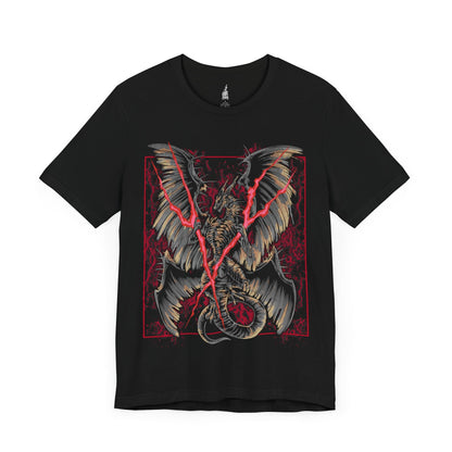 Image number 3 of a Black T-shirt featuring Lichdragon Fortissax from Elden Ring, displaying the imposing, deathly dragon enveloped in red lightning, ideal for fans captivated by this legendary boss and the dark lore of the Lands Between.