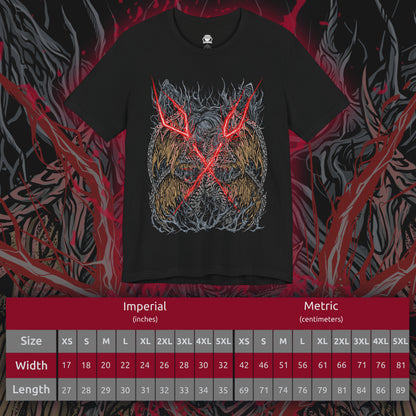 Size chart of a T-shirt featuring Lichdragon Fortissax from Elden Ring, the ancient dragon bound to death and decay through his loyalty to Prince Fia. Wreathed in crimson lightning and skeletal wings, Fortissax is both majestic and cursed, symbolizing the tragic corruption of immortality. This design captures the fierce elegance of the dragon’s decayed form, locked in eternal slumber within Deeproot Depths.