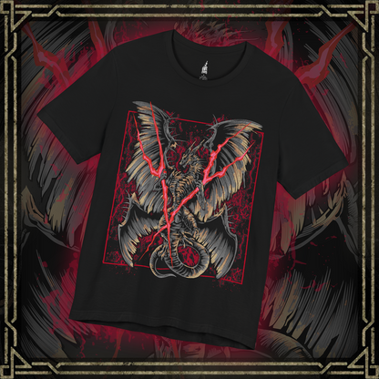 Thumbnail of a T-shirt featuring Lichdragon Fortissax from Elden Ring, displaying the imposing, deathly dragon enveloped in red lightning, ideal for fans captivated by this legendary boss and the dark lore of the Lands Between.