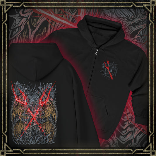 Thumbnail of a Zip-up Hooded Sweatshirt featuring Lichdragon Fortissax from Elden Ring, the majestic twin-headed dragon once allied with Godwyn the Golden. Wreathed in crimson lightning and deathly flame, Fortissax embodies both nobility and decay. This design captures the ancient draconic power of a being corrupted by death, yet still clinging to the remnants of divine loyalty and honor.