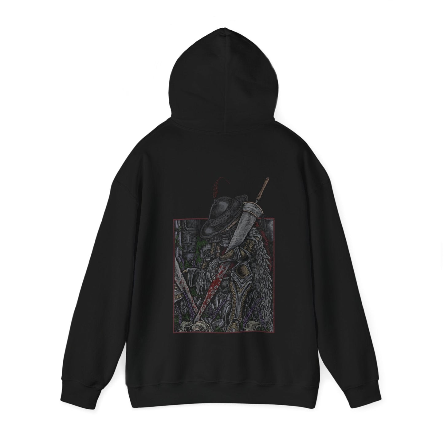 Image number 4 of a Hooded Sweatshirt featuring Lionel the Lionhearted from Elden Ring in a grim design, showcasing his imposing armor and steadfast presence, perfect for fans who admire the legendary knight and his mysterious role in the Lands Between.