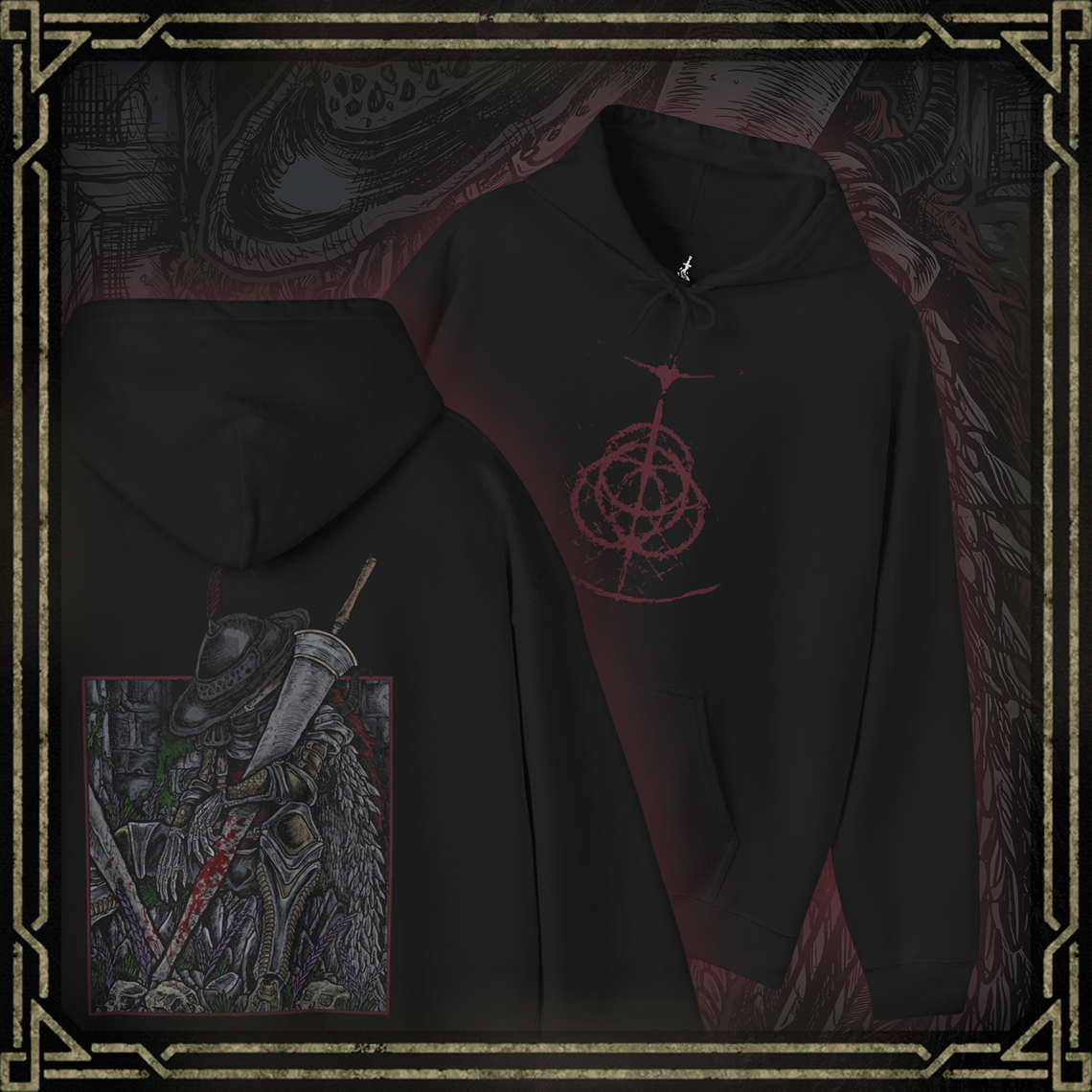 Thumbnail of a Hooded Sweatshirt featuring Lionel the Lionhearted from Elden Ring in a grim design, showcasing his imposing armor and steadfast presence, perfect for fans who admire the legendary knight and his mysterious role in the Lands Between.