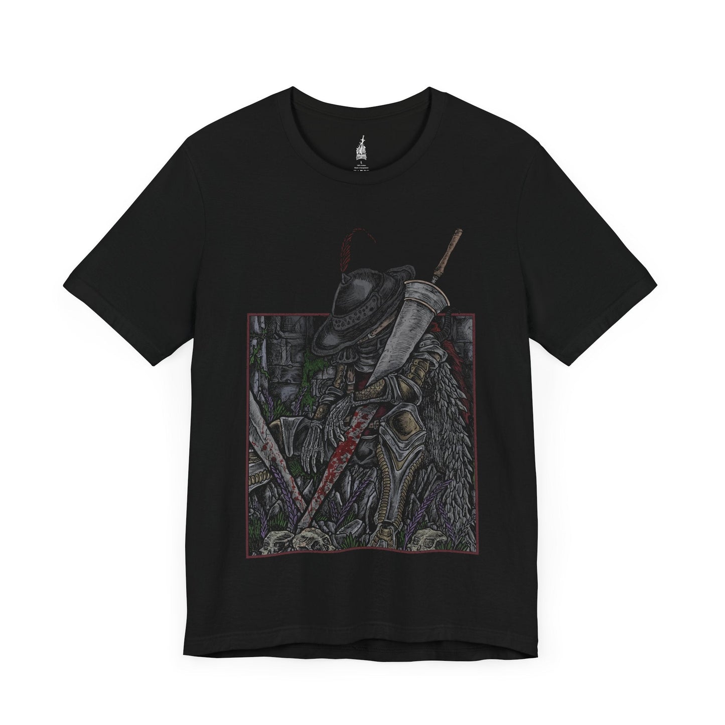 Image number 3 of a Black T-shirt featuring Lionel the Lionhearted from Elden Ring in a grim design, showcasing his imposing armor and steadfast presence, perfect for fans who admire the legendary knight and his mysterious role in the Lands Between.