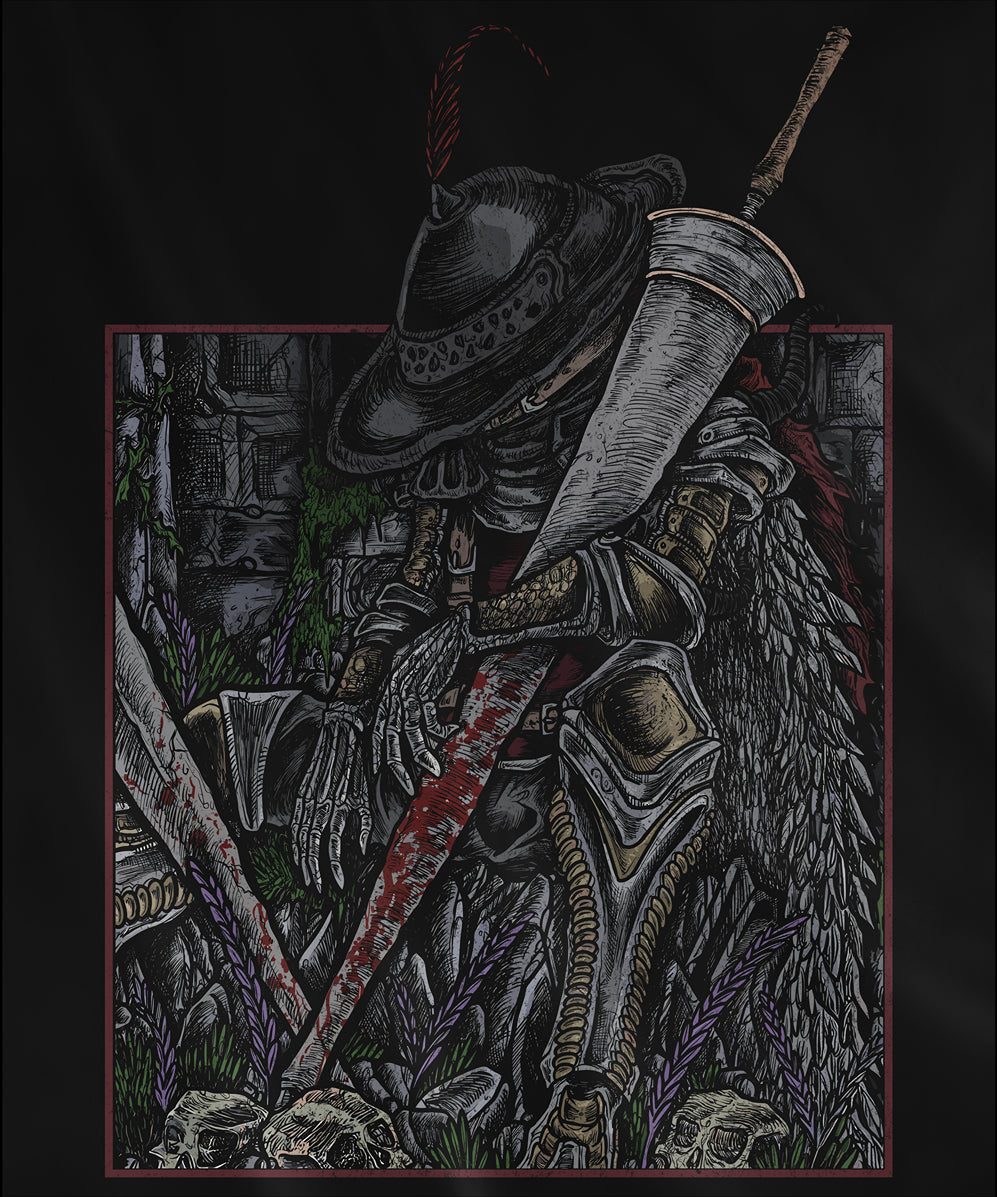 Design used for a T-shirt featuring Lionel the Lionhearted from Elden Ring in a grim design, showcasing his imposing armor and steadfast presence, perfect for fans who admire the legendary knight and his mysterious role in the Lands Between.