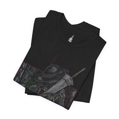 Folded T-shirt featuring Lionel the Lionhearted from Elden Ring in a grim design, showcasing his imposing armor and steadfast presence, perfect for fans who admire the legendary knight and his mysterious role in the Lands Between.