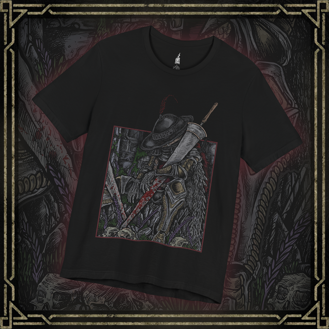 Thumbnail of a T-shirt featuring Lionel the Lionhearted from Elden Ring in a grim design, showcasing his imposing armor and steadfast presence, perfect for fans who admire the legendary knight and his mysterious role in the Lands Between.